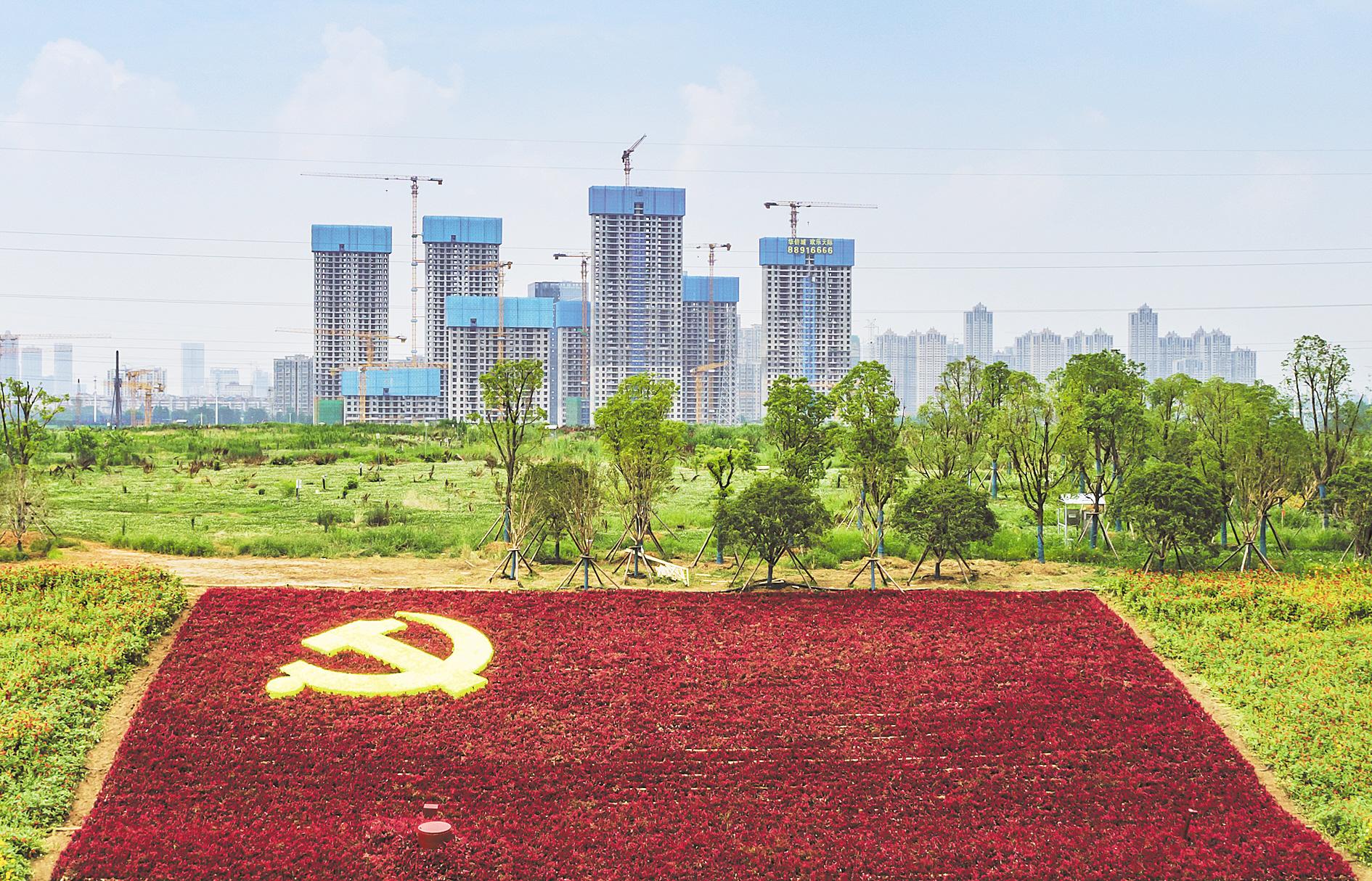 鲜花绣出巨幅党旗